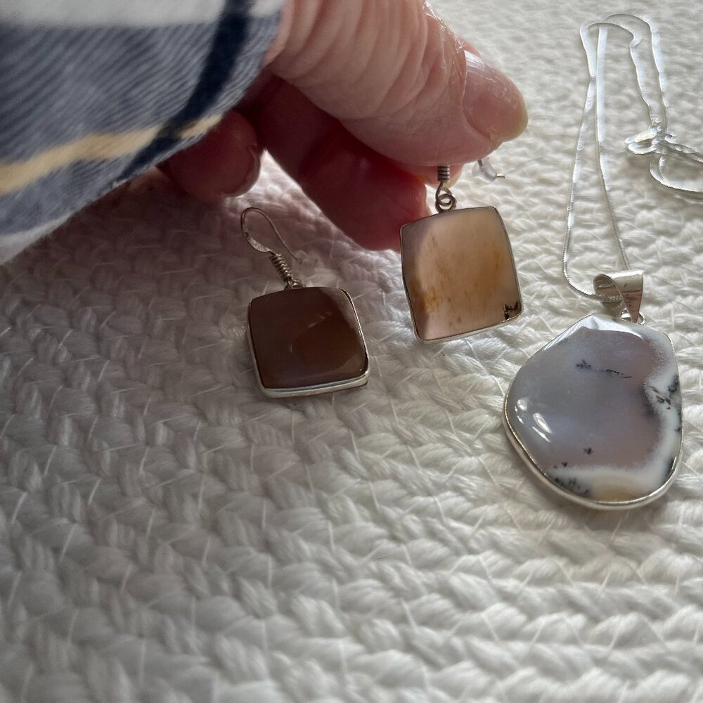 Beautiful DENDRITIC OPAL Handmade Sterling 925 Pendant & Matching Earrings 813D